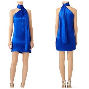 Genny One Shoulder Mini Silk Dress Neck Tie  Cobalt Blue Size 4 Occasion Wedding